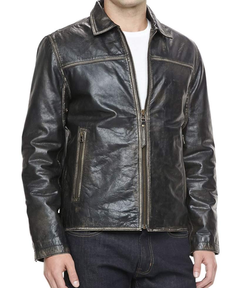 Men's Shirt Collar Distressed Black Leather Jacket Men's Shirt Collar Distressed Black Leather Jacket