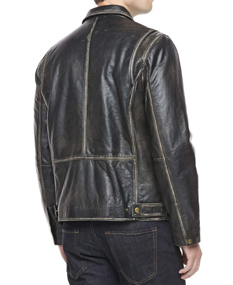 Men's Shirt Collar Distressed Black Leather Jacket Men's Shirt Collar Distressed Black Leather Jacket - Image 2