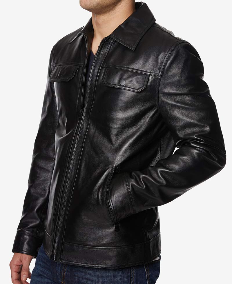 Men's Shirt Collar Style Causal Full Zip Leather Jacket Men's Shirt Collar Style Causal Full Zip Leather Jacket - Image 3