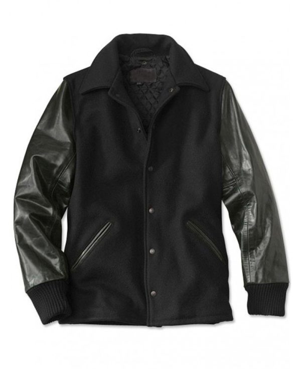 Men's Varsity Shirt Collar Black Jacket with Leather Sleeves