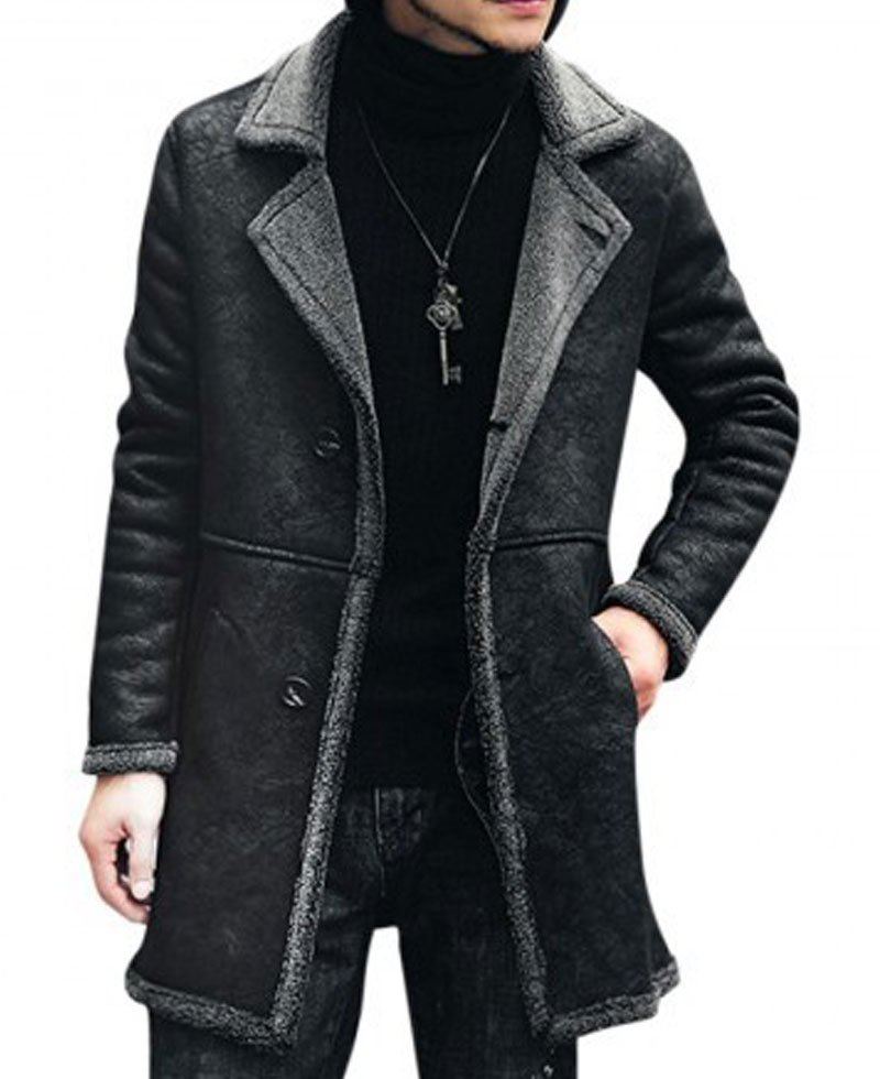 Men's Single Breasted Mid Length Shearling Brown Trench Coat Men's Single Breasted Mid Length Shearling Brown Trench Coat - Image 4