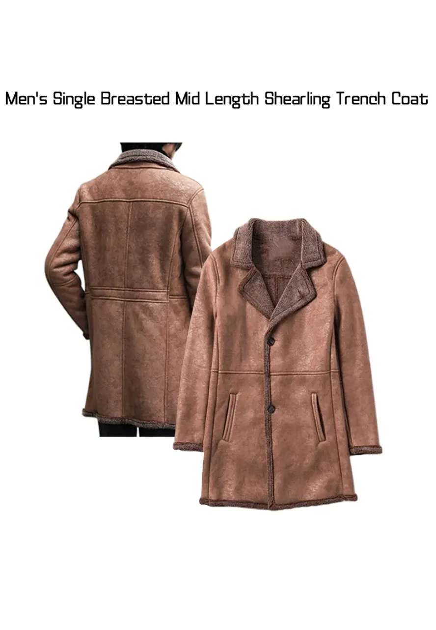 Men's Single Breasted Mid Length Shearling Brown Trench Coat Men's Single Breasted Mid Length Shearling Brown Trench Coat - Image 6