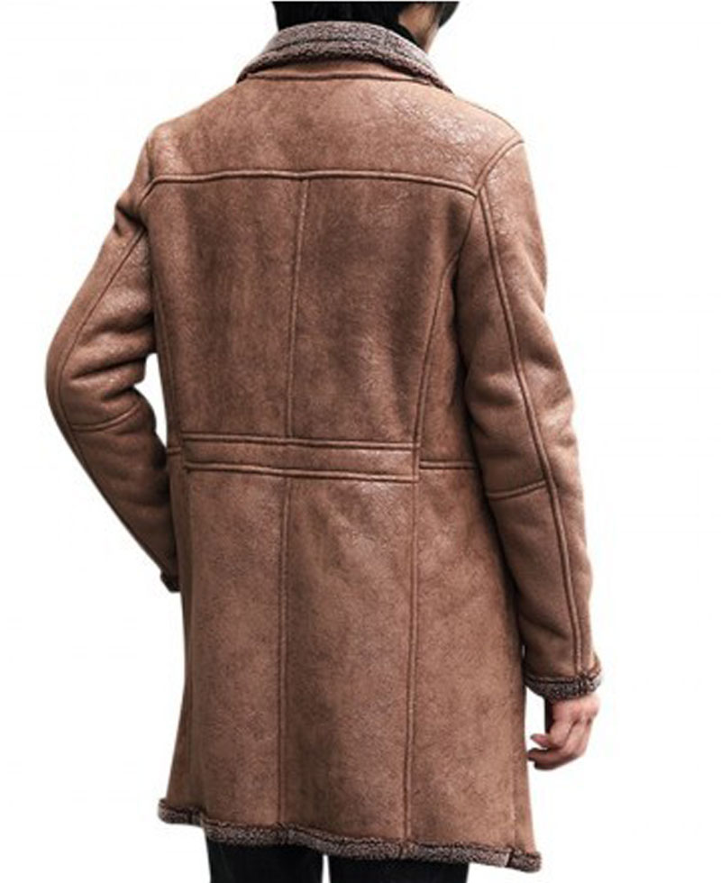 Men's Single Breasted Mid Length Shearling Brown Trench Coat Men's Single Breasted Mid Length Shearling Brown Trench Coat - Image 3