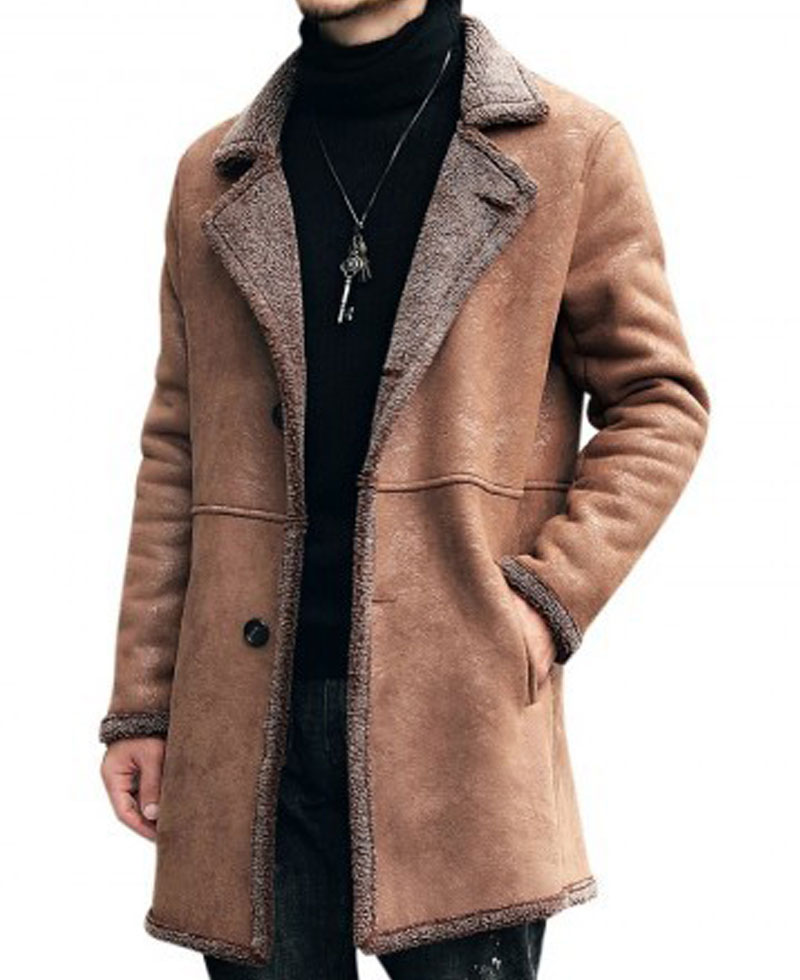 Men's Single Breasted Mid Length Shearling Brown Trench Coat Men's Single Breasted Mid Length Shearling Brown Trench Coat - Image 2