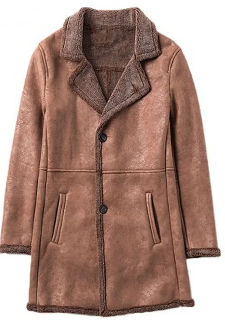 Men's Single Breasted Mid Length Shearling Brown Trench Coat Men's Single Breasted Mid Length Shearling Brown Trench Coat