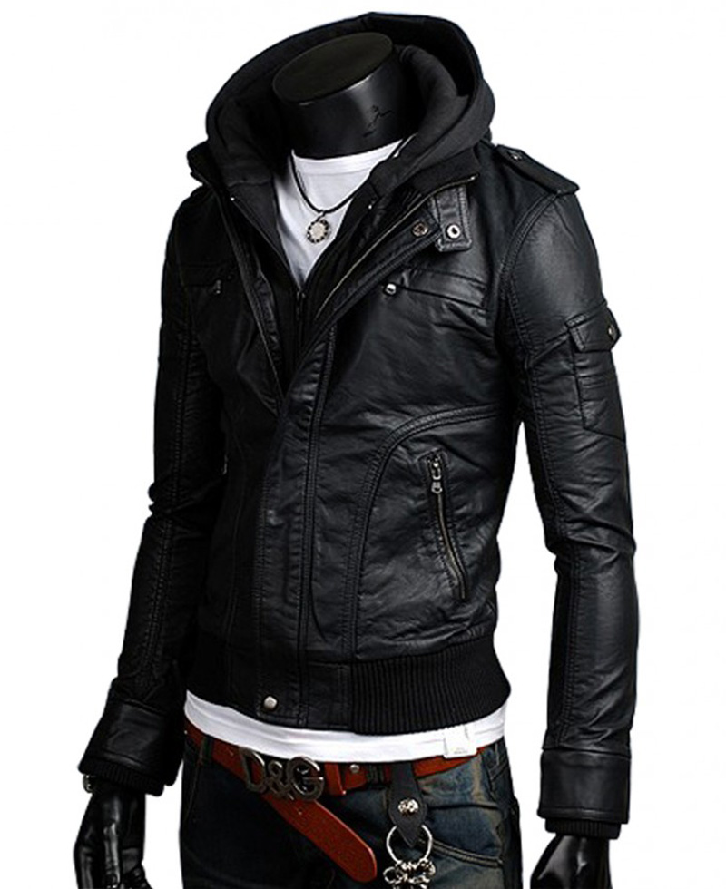 Men's Slim Fit Black Leather Jacket leather jacket with hoodie