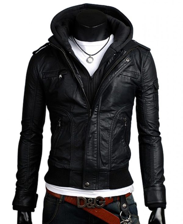 black leather jacket with hoodie