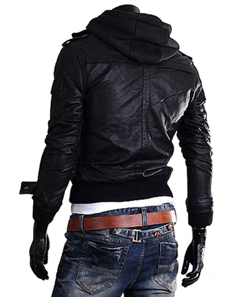 Men's Slim Fit Black Leather Jacket slim fit black leather jacket with hoodie