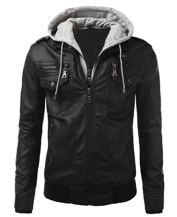 men's biker slim fit black leather bomber jacket