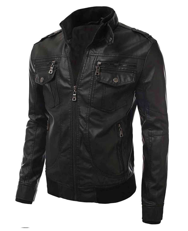 Men's Biker Slim Fit Black Leather Bomber Jacket mens slim fit jacket