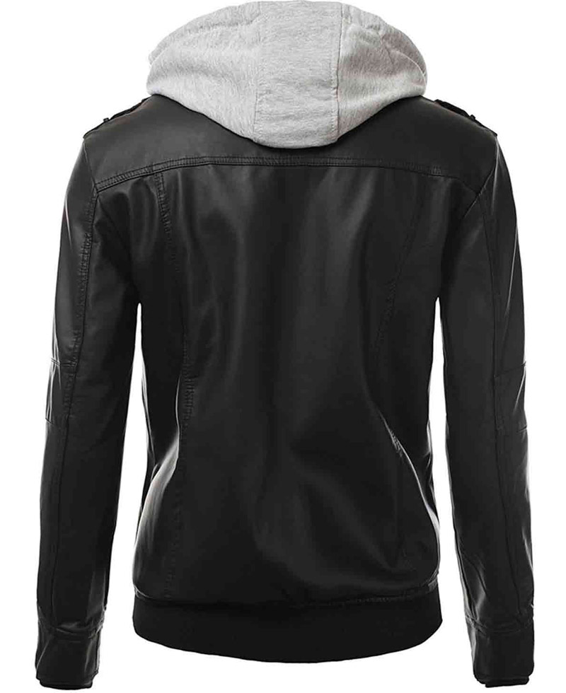 Men's Biker Slim Fit Black Leather Bomber Jacket slim fit jacket with hoodie