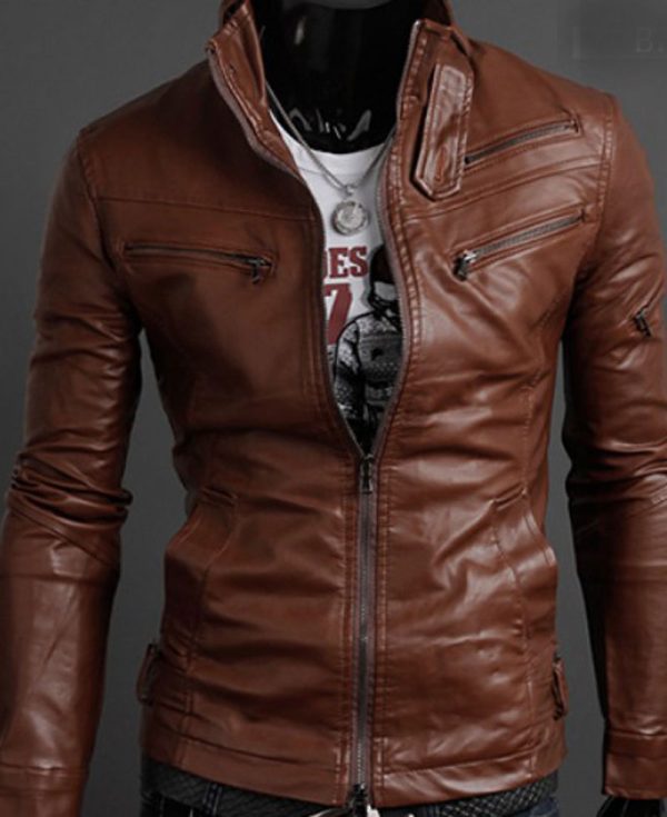 Men's Slim Fit Multi Zipper Pocket Brown Jacket