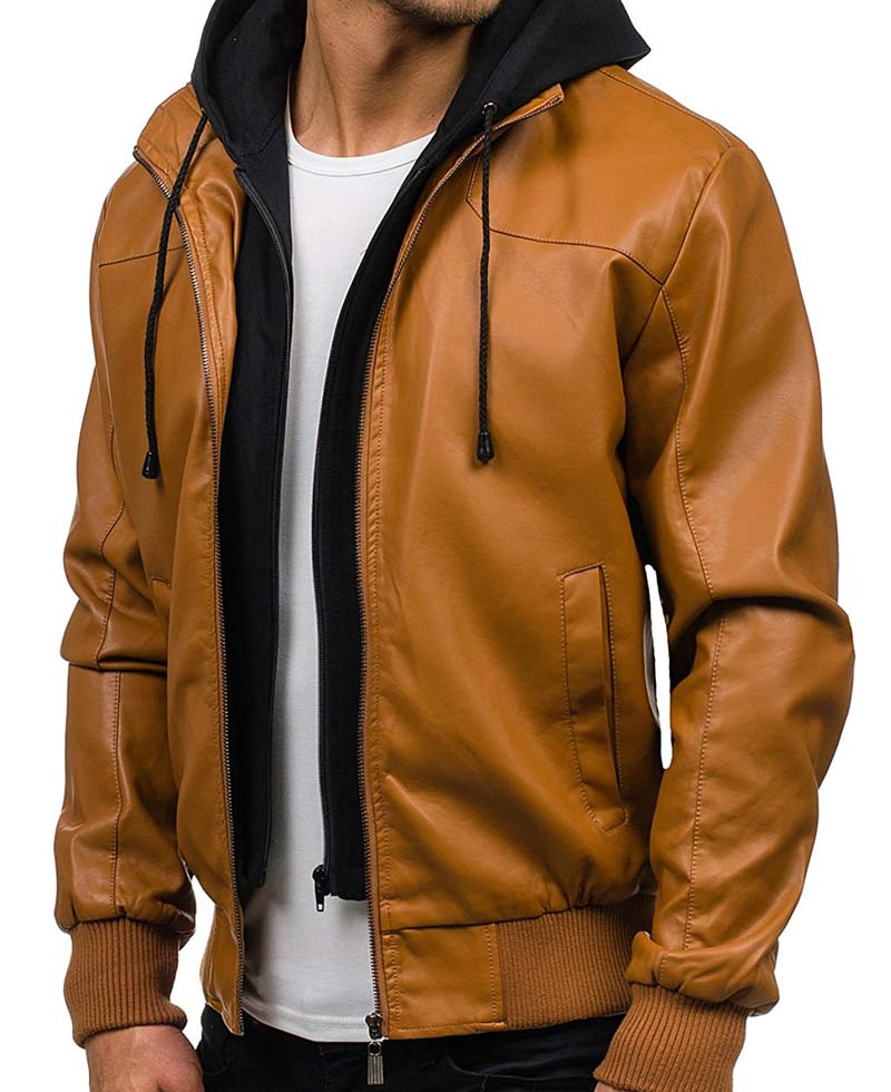 Men's Slim Fit Leather Jacket with Hoodie Men's Slim Fit Leather Jacket with Hoodie - Image 3