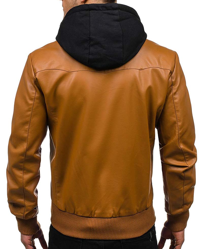 Men's Slim Fit Leather Jacket with Hoodie Men's Slim Fit Leather Jacket with Hoodie - Image 2