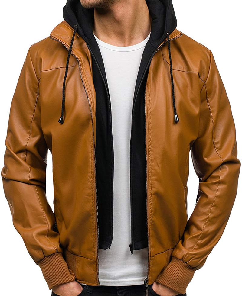 Men's Slim Fit Leather Jacket with Hoodie Men's Slim Fit Leather Jacket with Hoodie - Image 4
