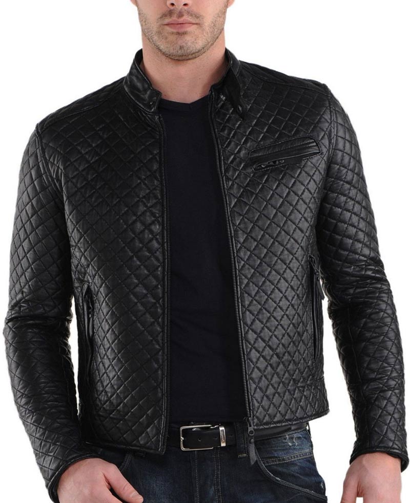 Men's Slim Fit Casual Wear Black Leather Quilted Jacket Men's Slim Fit Casual Wear Black Leather Quilted Jacket