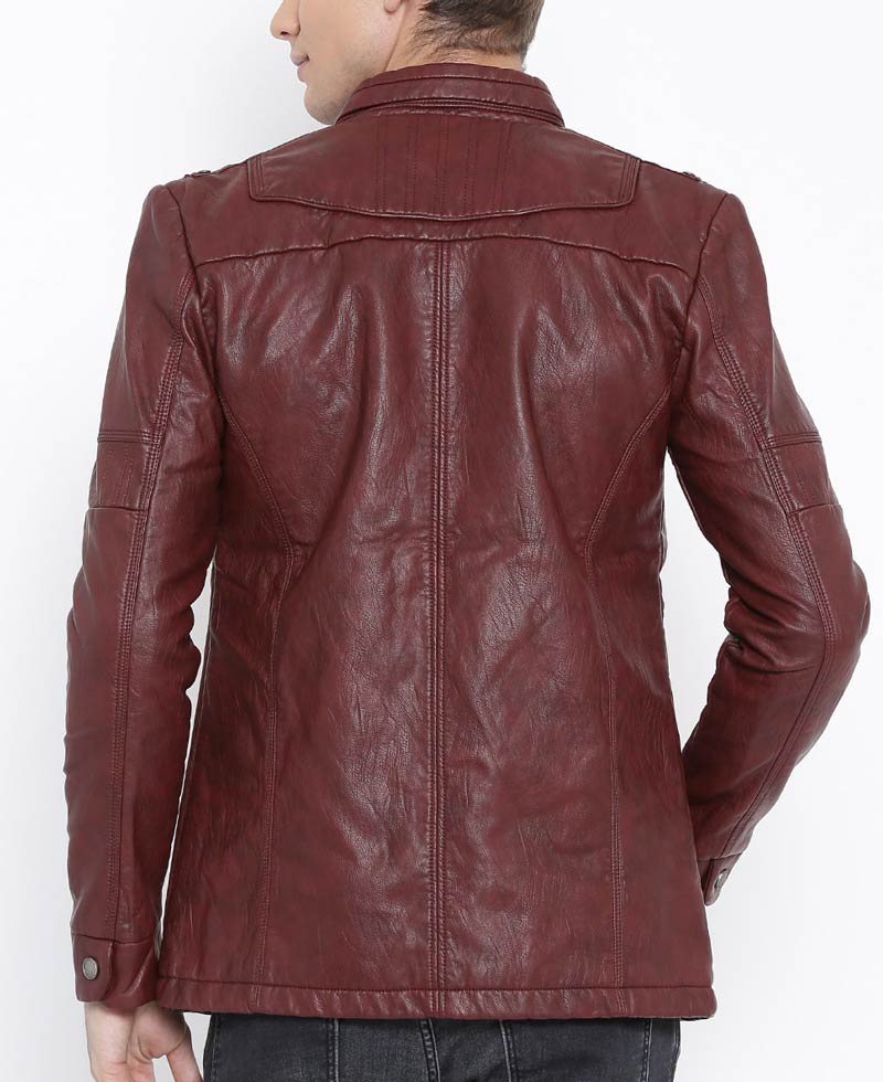 Men's Casual Wear Burgundy Faux Leather Jacket Men's Casual Wear Burgundy Faux Leather Jacket - Image 2