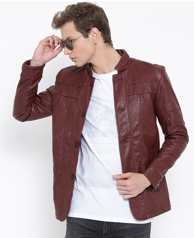 Men's Casual Wear Burgundy Faux Leather Jacket Men's Casual Wear Burgundy Faux Leather Jacket - Image 3