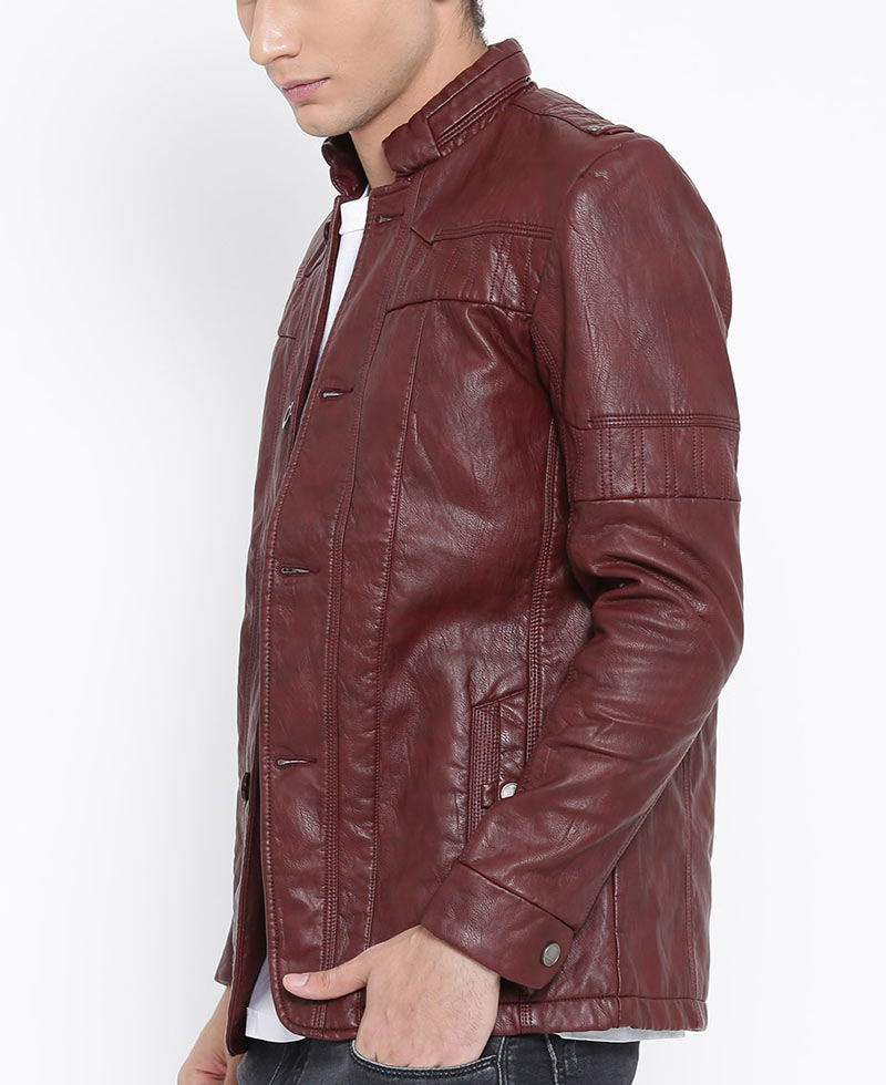Men's Casual Wear Burgundy Faux Leather Jacket Men's Casual Wear Burgundy Faux Leather Jacket - Image 4