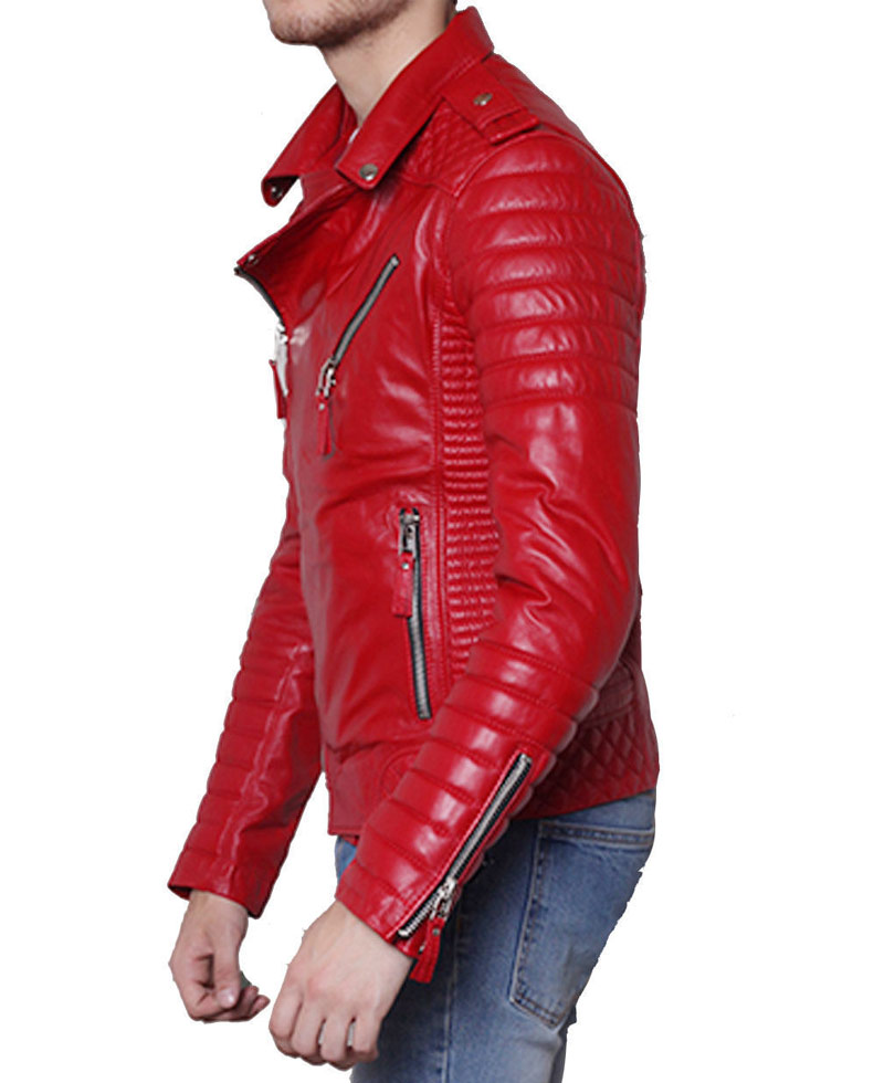 Men's Asymmetrical Style Slim Fit Padded Red Leather Moto Jacket Men's Asymmetrical Style Slim Fit Padded Red Leather Moto Jacket - Image 3