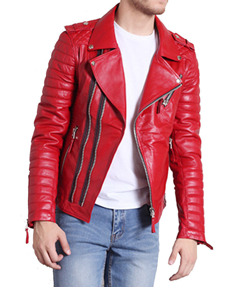 Men's Asymmetrical Style Slim Fit Padded Red Leather Moto Jacket Men's Asymmetrical Style Slim Fit Padded Red Leather Moto Jacket - Image 2