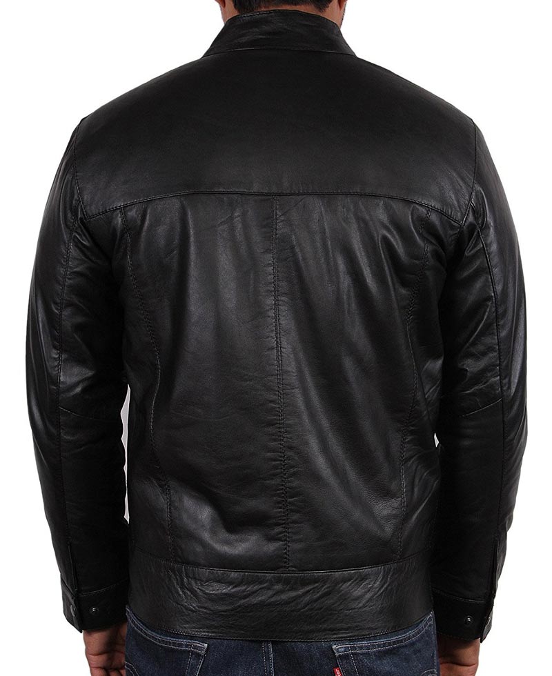 Men's Simple Look Snap Tab Collar Black Leather Jacket Men's Simple Look Snap Tab Collar Black Leather Jacket - Image 2