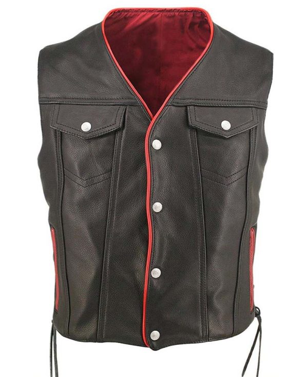 Men's Snap Tab Button Closure Black Leather Vest