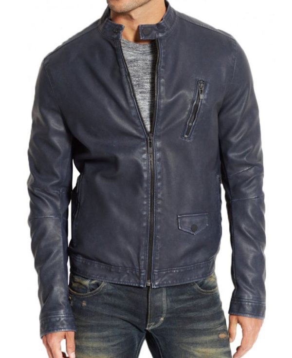 Men's Motorcycle Snap Tab Collar Blue Leather Jacket