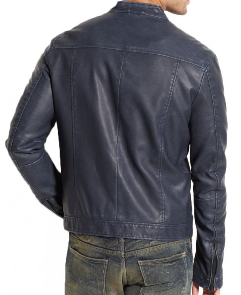 Men's Motorcycle Snap Tab Collar Blue Leather Jacket Men's Motorcycle Snap Tab Collar Blue Leather Jacket - Image 2