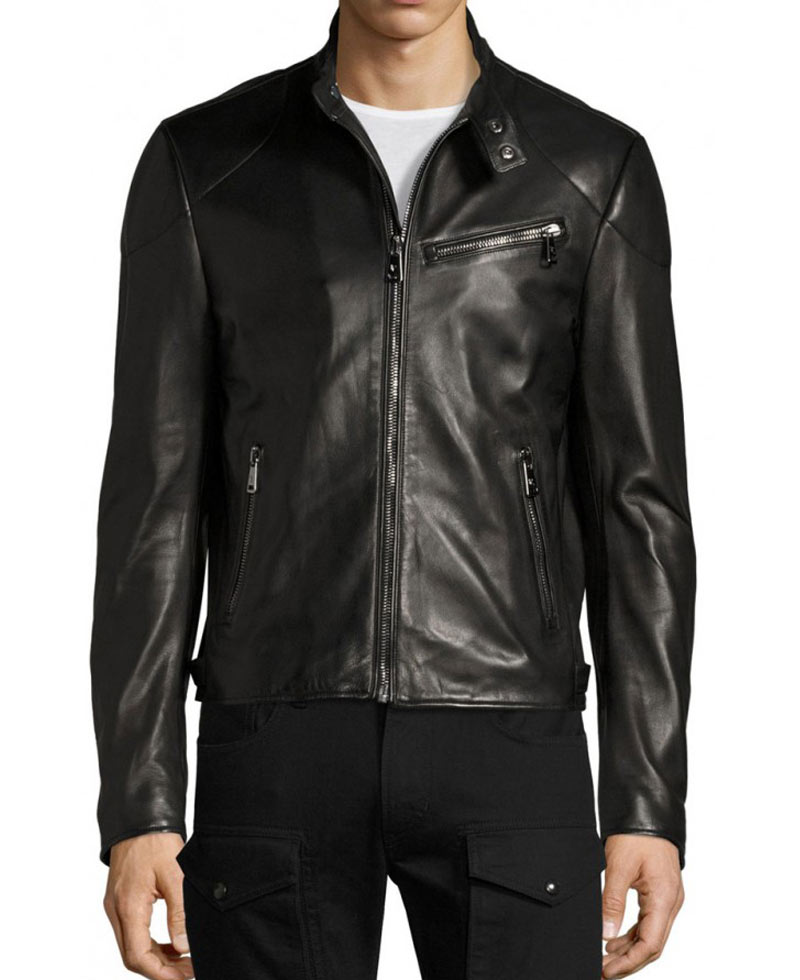 Men's Biker Style Cafe Racer Black Leather Jacket Men's Biker Style Cafe Racer Black Leather Jacket - Image 3