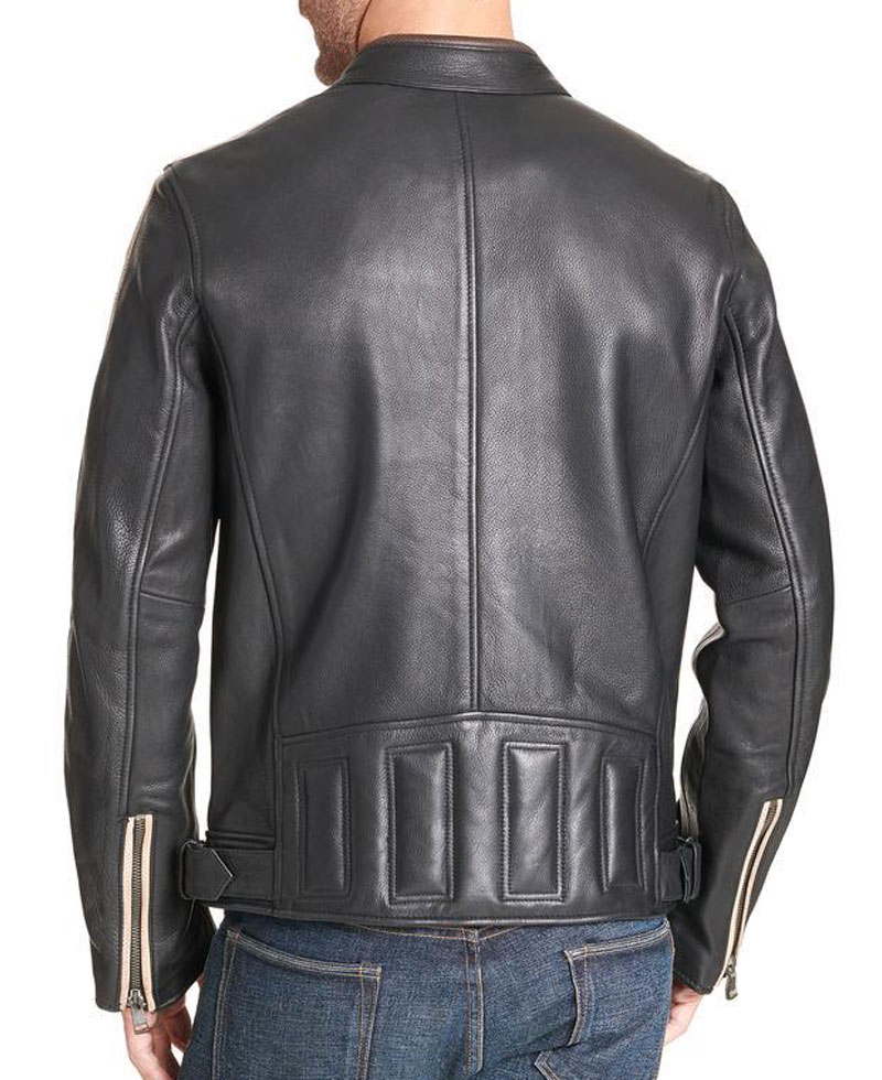 Men's Striped Design Biker Buckled Waist Leather Jacket Men's Striped Design Biker Buckled Waist Leather Jacket - Image 5