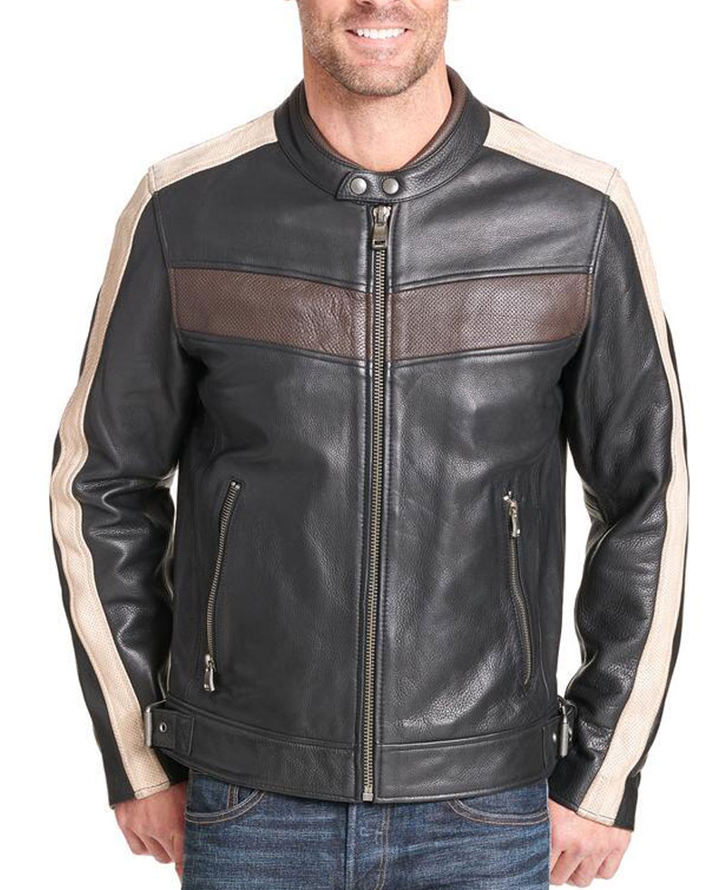 Men's Striped Design Biker Buckled Waist Leather Jacket