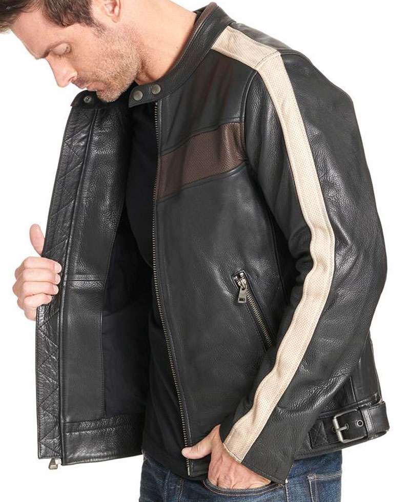 Men's Striped Design Biker Buckled Waist Leather Jacket Men's Striped Design Biker Buckled Waist Leather Jacket - Image 3