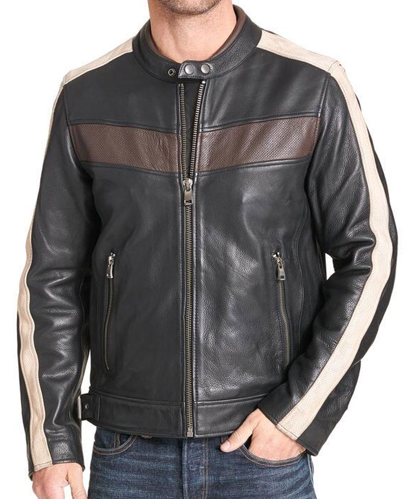 Men's Striped Design Biker Buckled Waist Leather Jacket Men's Striped Design Biker Buckled Waist Leather Jacket - Image 2