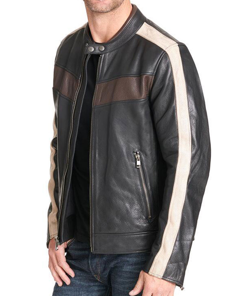 Men's Striped Design Biker Buckled Waist Leather Jacket Men's Striped Design Biker Buckled Waist Leather Jacket - Image 4