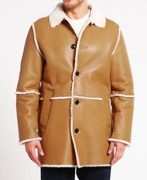 Men's Car Tan Brown Leather Shearling Coat