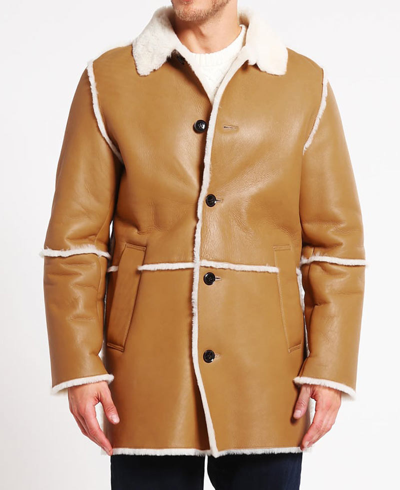 Men's Car Tan Brown Leather Shearling Coat