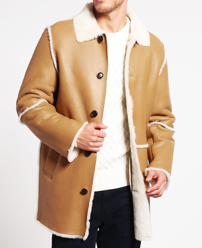 Men's Car Tan Brown Leather Shearling Coat Men's Car Tan Brown Leather Shearling Coat - Image 3