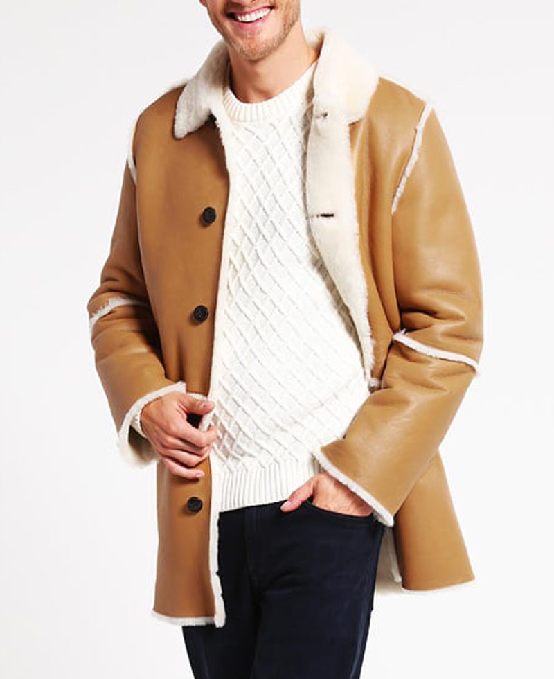 Men's Car Tan Brown Leather Shearling Coat Men's Car Tan Brown Leather Shearling Coat - Image 4