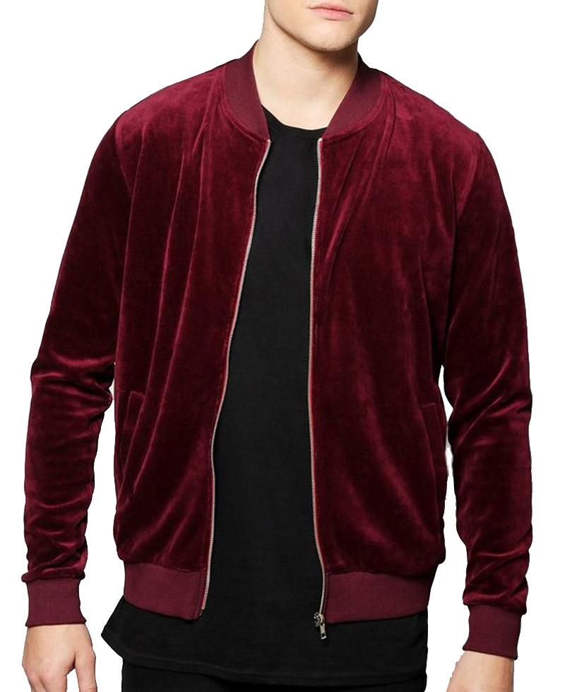 Men's Velour Bomber Burgundy Jacket Men's Velour Bomber Burgundy Jacket - Image 2