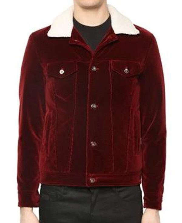Men's Velvet Red Jacket with Faux Fur Collar