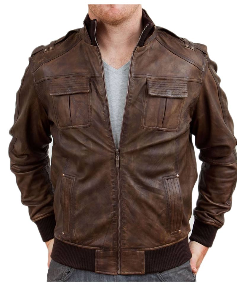 Men's Vintage Waxed Leather Brown Bomber Jacket