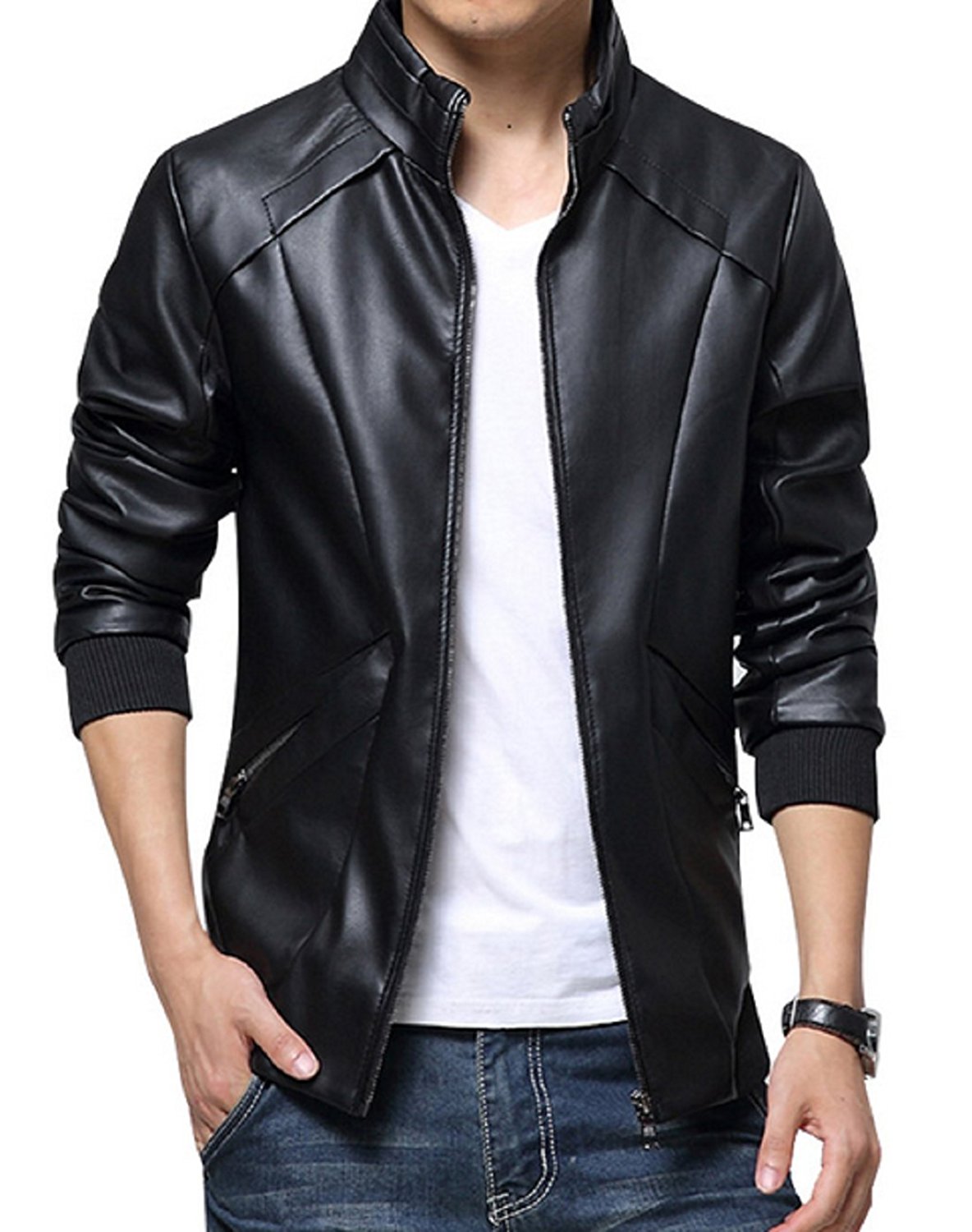 Men's Simple Look Waist Pockets Black Leather Jacket Men's Simple Look Waist Pockets Black Leather Jacket