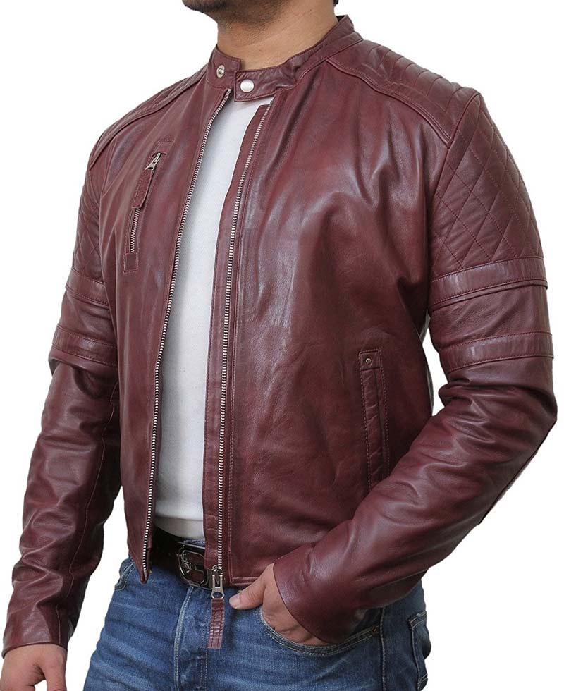 Men's Quilted Shoulders Burgundy Moto Jacket Men's Quilted Shoulders Burgundy Moto Jacket - Image 3