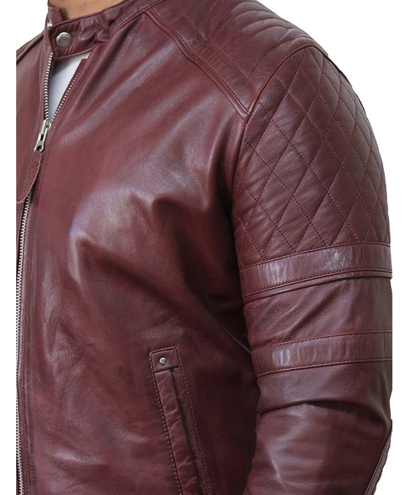 Men's Quilted Shoulders Burgundy Moto Jacket Men's Quilted Shoulders Burgundy Moto Jacket - Image 4