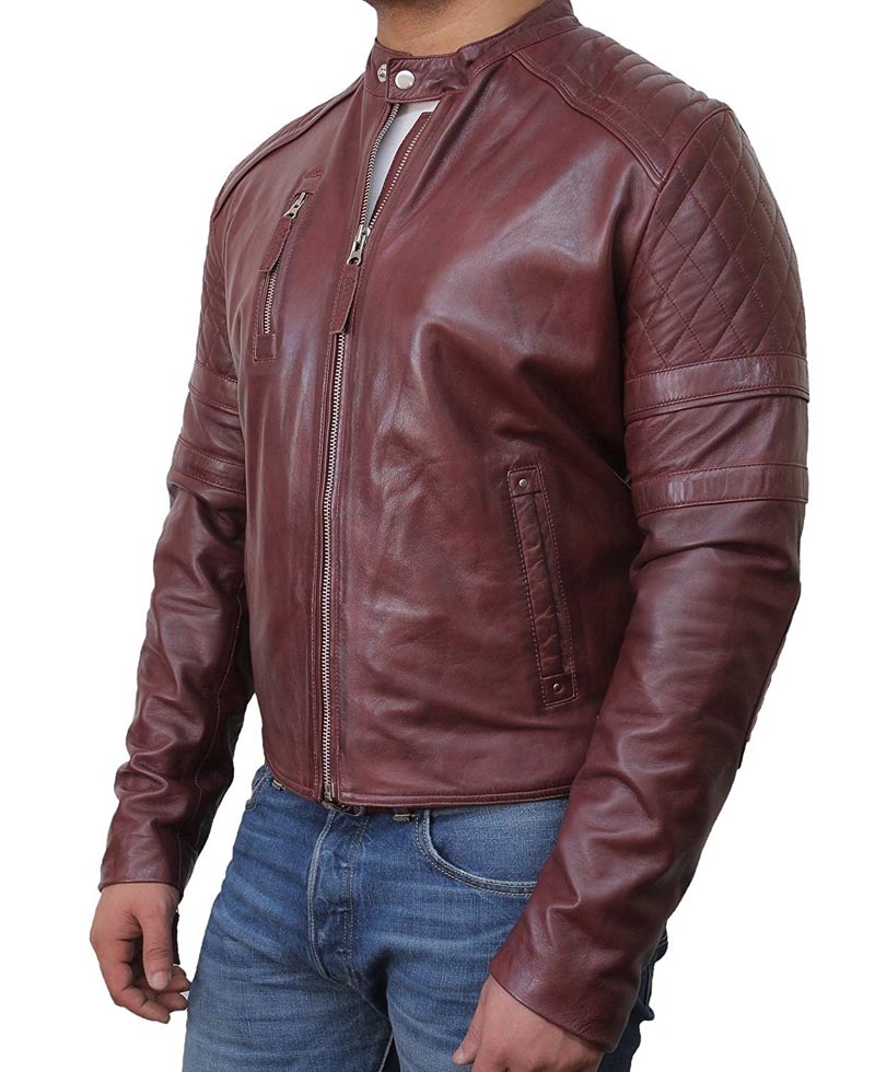 Men's Quilted Shoulders Burgundy Moto Jacket Men's Quilted Shoulders Burgundy Moto Jacket - Image 2