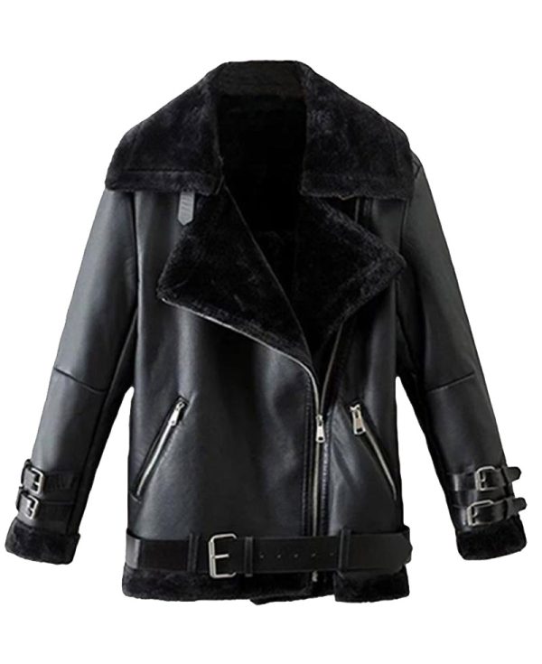 Men's Winter Shearling WFJ012 Belted Black Leather Jacket
