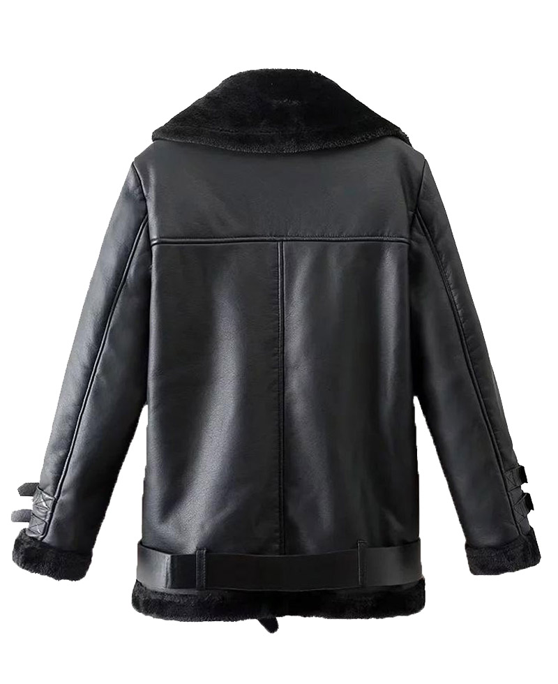 Men's Winter Shearling WFJ012 Belted Black Leather Jacket Men's Winter Shearling WFJ012 Belted Black Leather Jacket - Image 2