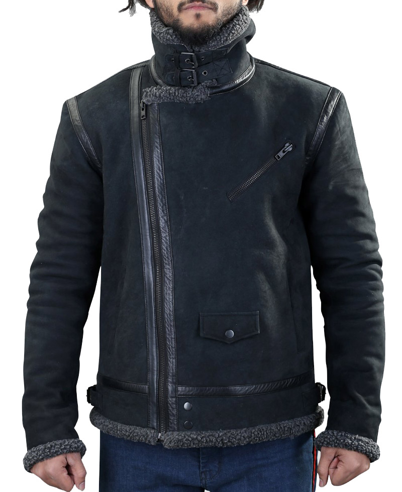 Men's Winter WFJ013 Grey Shearling Black Leather Jacket Men's Winter WFJ013 Grey Shearling Black Leather Jacket - Image 2