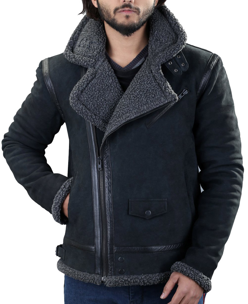 Men's Winter WFJ013 Grey Shearling Black Leather Jacket Men's Winter WFJ013 Grey Shearling Black Leather Jacket - Image 3